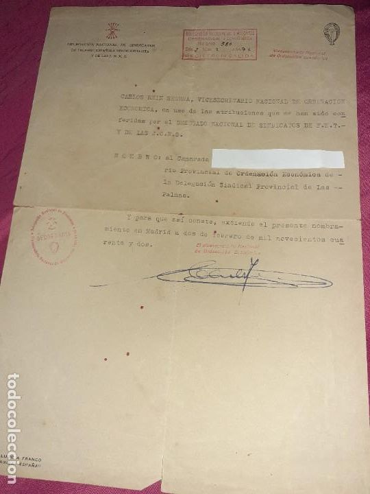 Military Antiques: Nombramiento de delegado sindical de falange espa&ntilde;ola, sello secretaria 1942,carlos rein segura,