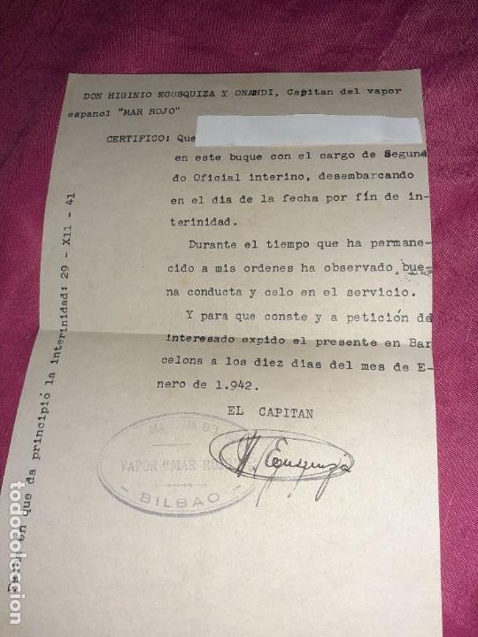 Military Antiques: Antigua hoja militar de la marina capit&aacute;n del vapor mar rojo higinio egusquiza a&ntilde;o 1941