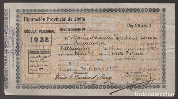 Militaria: AVILA.- CEDULA A&Ntilde;O 1938.- REVERSO: SELLO Y FIRMA DEL ALCALDE- VER FOTOS