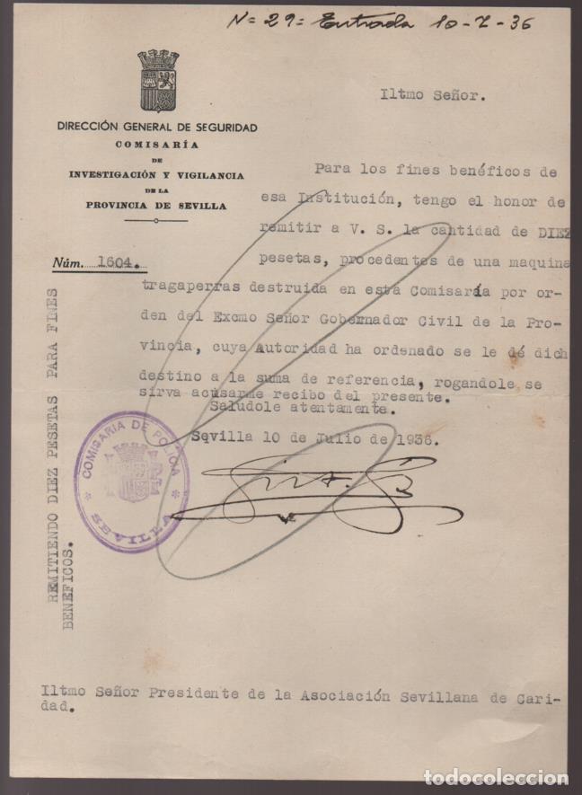 Militaria: SEVILLA. DONATIVO A LA ASOCIACION DE CARIDAD DE 10 PTA PROCEDENTE TRAGAPERRAS,- JULIO 1936- VER FOT