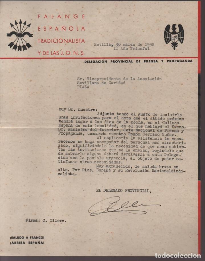 Militaria: SEVILLA.- INVITACION ASOCIACION SEVILLANA DE CARIDAD- ACTO.- RAMON SERRANO SU&Ntilde;ER- A&Ntilde;O 1938- VER FOTO