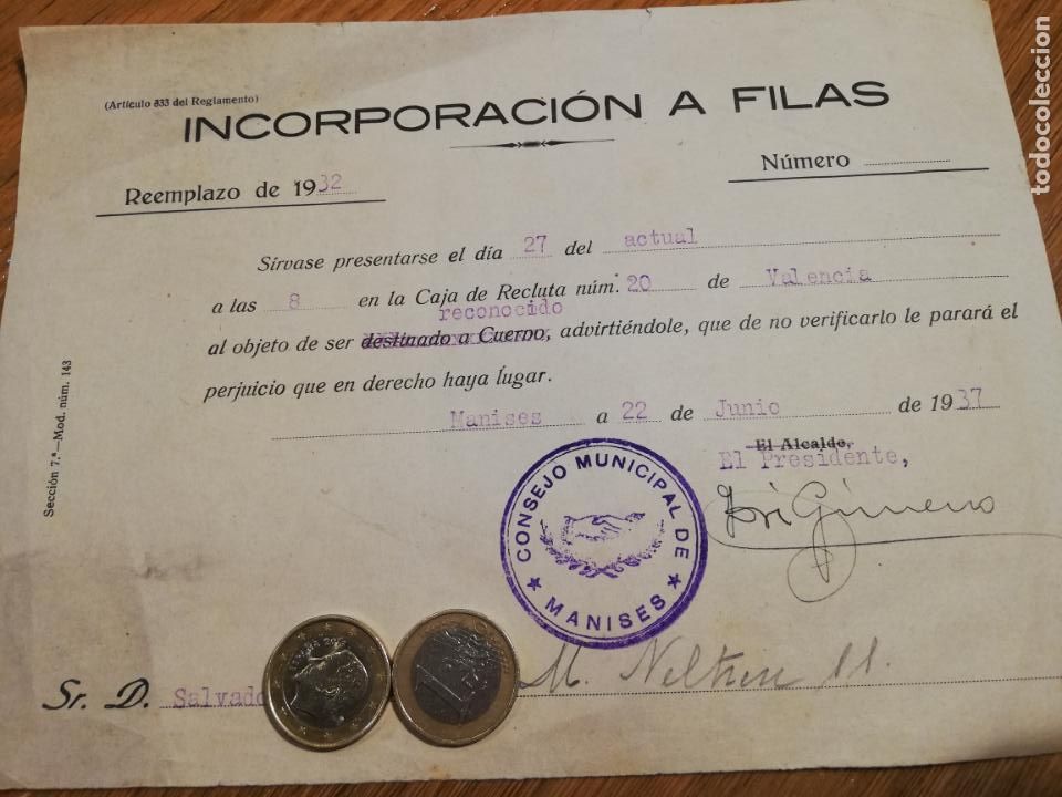 Military Antiques: Documento incorporaci&oacute;n a filas soldado republicano a&ntilde;o 1937 Manises Valencia guerra civil