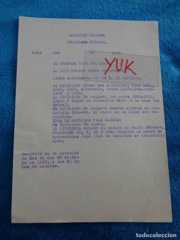 Militaria: TELEGRAMA OFICIAL - AVIACION MILITAR - LINEAS ALCANZADAS 15-81-85 DIVISION - 28 MAYO 1938