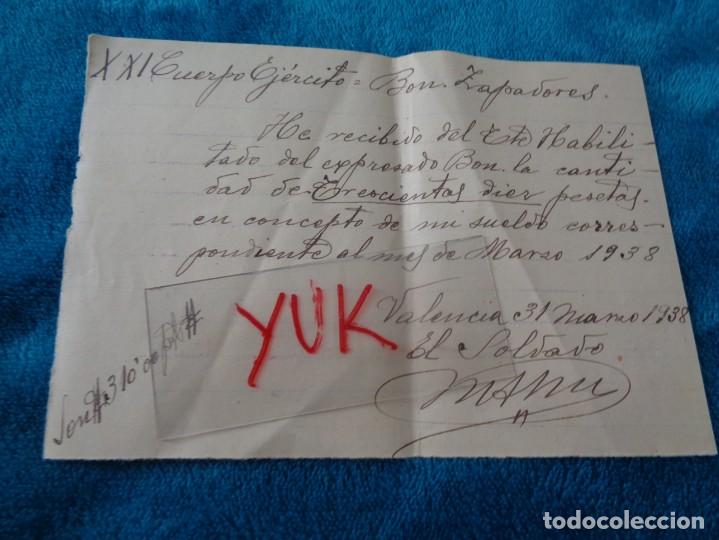 Militaria: curioso papel de resguardo del sueldo cobrado por un soldado durante la guerra civil - Marzo 1938