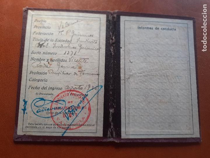 Militaria: Carnet de la Guerra Civil. Valencia, UGT. Industrias qu&iacute;micas Agosto 1936