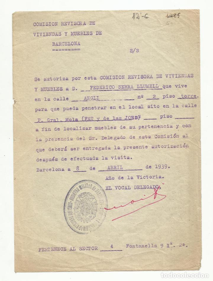 Military Antiques: GOBIERNO MILITAR DE BARCELONA 1939 COMISION REVISORA DE VIVIENDAS Y MUEBLES
