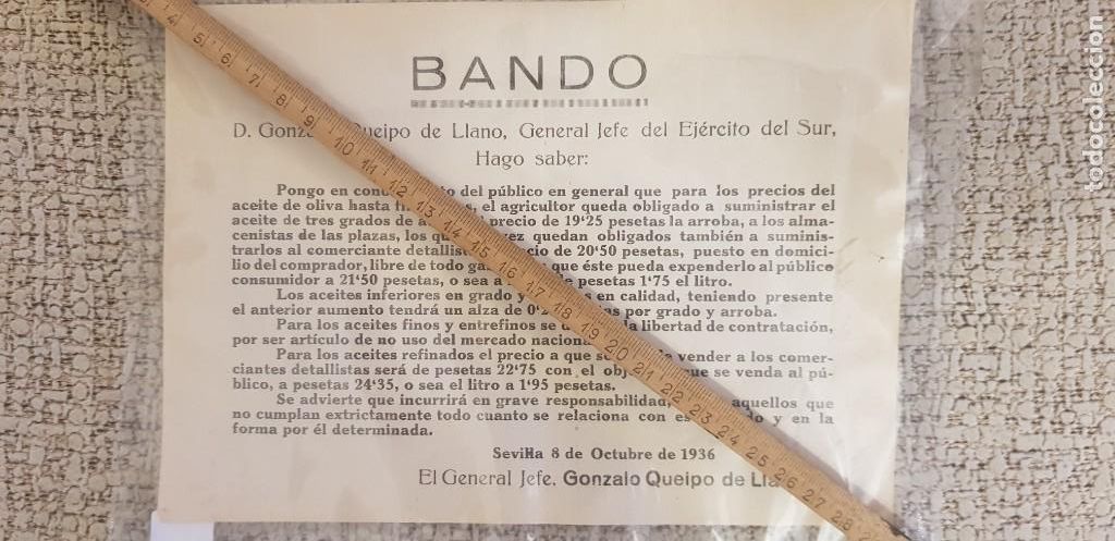 Militaria: BANDO D. GONZALO QUEIPO DE LLANO JEFE EJ&Eacute;RCITO DEL SUR ,SEVILLA 8 OCTUBRE 1936