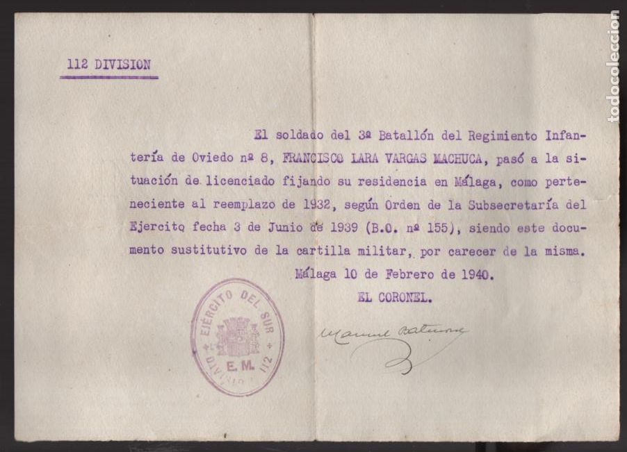 Militaria: MALAGA, GOBERNADOR JEFE 112 DIVISION,A&Ntilde;O 1940-VER FOTO
