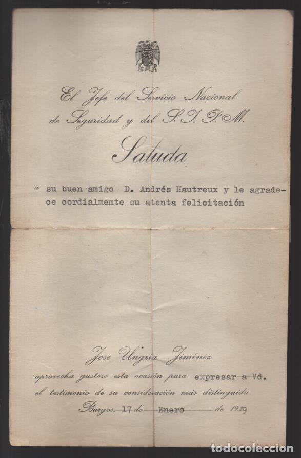 Militaria: BURGOS,- SALUDA- EL JEFE SERVICIO NACIONAL DE SEGURIDAD DEL S.J.P.M. 1939,- VER FOTO