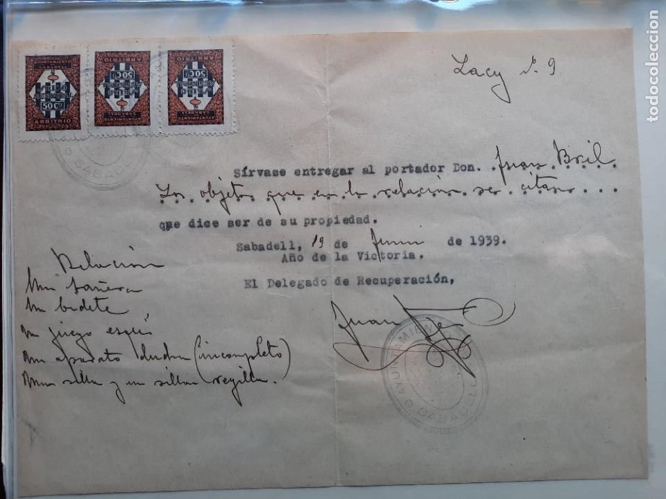 Militaria: vi&ntilde;etas Sabadell sobre documento de devolucion de material requisado - Foto 1