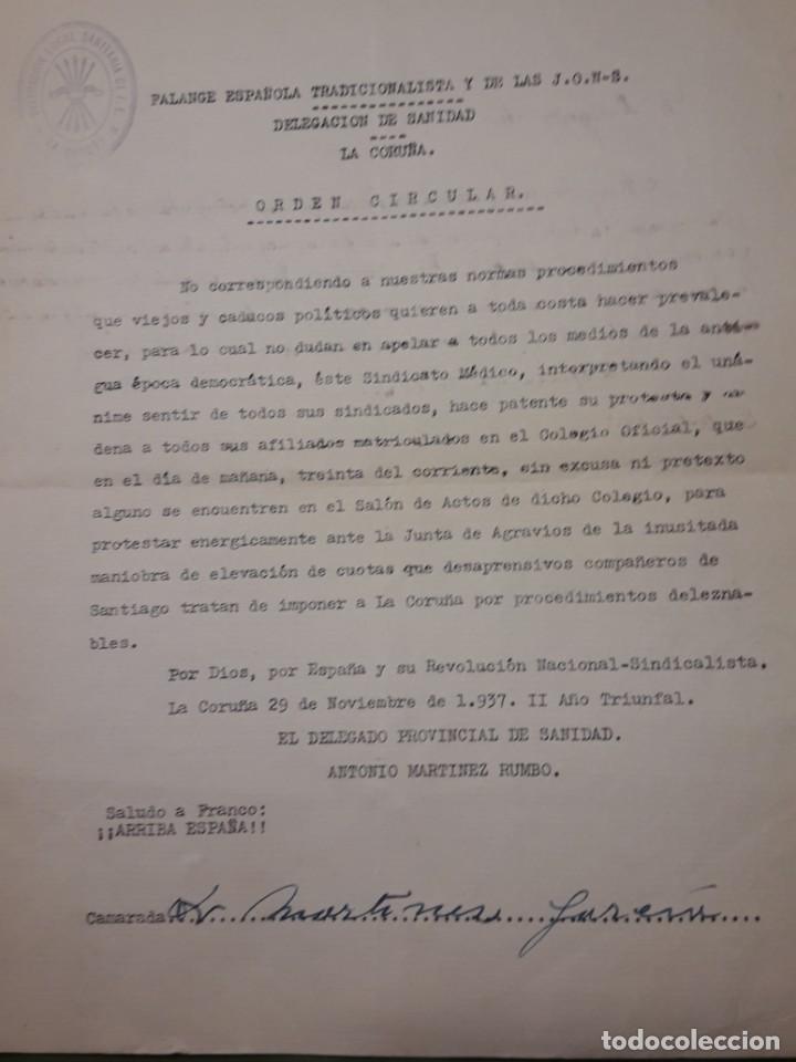 Militaria: Orden Circular, Falange Espa&ntilde;ola, Delegaci&oacute;n de Sanidad de La Coru&ntilde;a, 1.937
