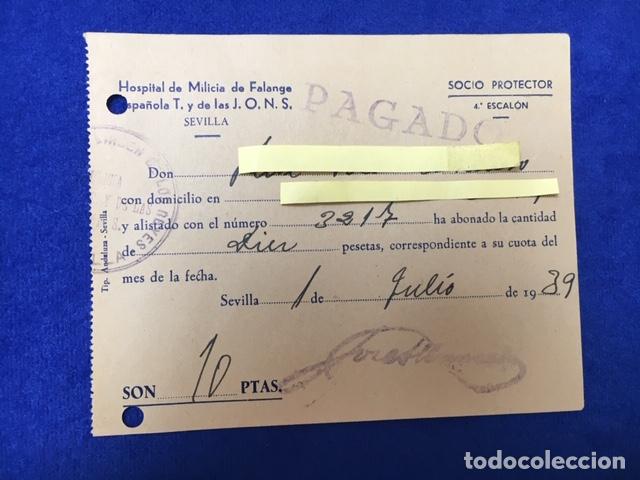 Militaria: Documento Hospital Milicia Falange Espa&ntilde;ola T. y de las J.O.N.S. Sevilla 1939