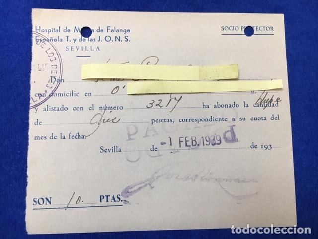 Militaria: Documento Hospital Milicia Falange Espa&ntilde;ola T. y de las J.O.N.S. Sevilla 1939