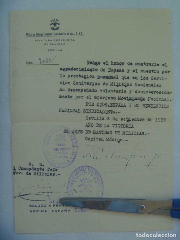 Militaria: GUERRA CIVIL - MILICIA DE FALANGE - SANIDAD: CARTA AGRADECIMIENTO A MEDICO VOLUNTARIO. SEVILLA, 1939