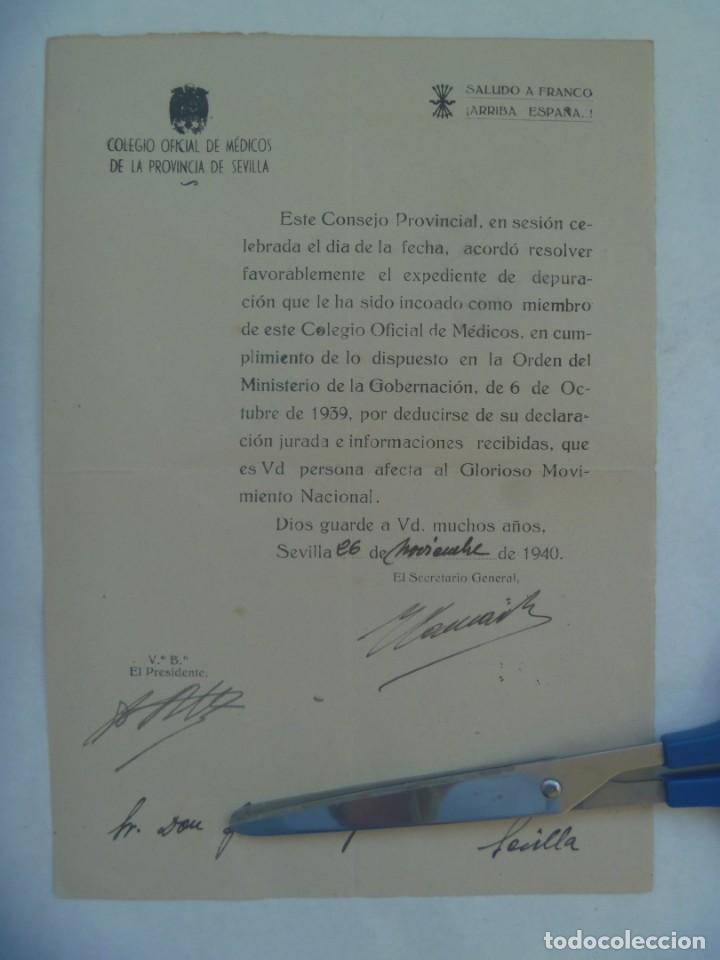 Military Antiques: GUERRA CIVIL - COLEGIO OFICIAL DE MEDICOS: COMUNICACION EXPEDIENTE DE DEPURACION . SEVILLA, 1940