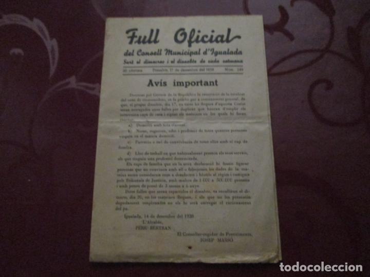 Militaria: FULL OFICIAL DEL CONSELL MUNICIPAL D'IGUALADA - DISSABTE 17 DE DESEMBRE DEL 1938 - N&ordm; 249