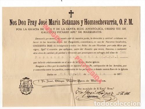 Militaria: TANGER, 1938, INDULGENCIA CONCENDIDA SUFRAGIO FERNANDO DE MURGA, FALANGISTA ASESINADO