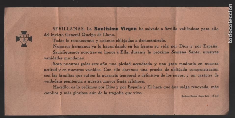 Militaria: PAMFLETO - J.C.E. SANTISIMA VIRGEN Y QUEIPO DE LLANOS- 18-3-37. VER FOTO