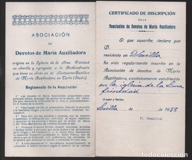 Militaria: SEVILLA, ASC. DEVOTOS DE M&ordf; AUXILIADORA,- CERTIFICADO INSCERIPCION.- TRIPTICO, VER FOTOS