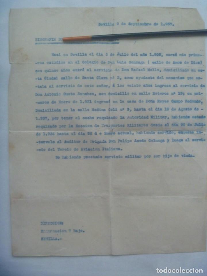 Militaria: GUERRA CIVIL: BIOGRAFIA ( PARA TRABAJO ?) DE CONDUCTOR AL SERVICIO AVIACION ITALIANA. SEVILLA, 1937