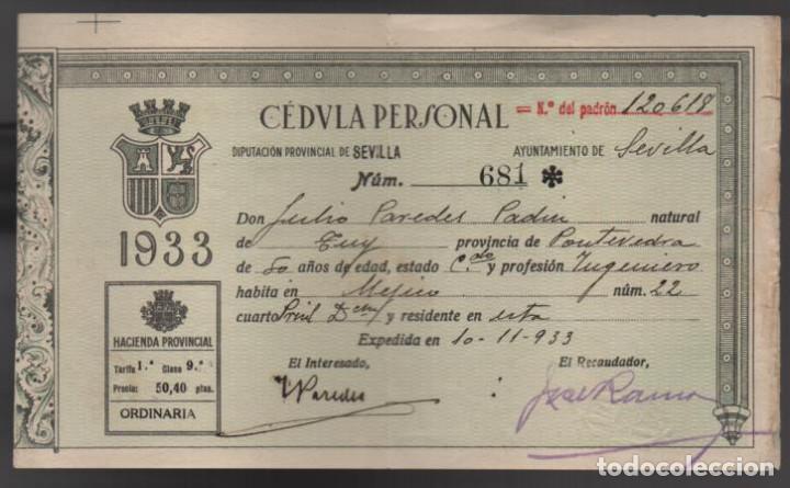 Militaria: SEVILLA, CEDULA PERSONAL,- REPUBLICA .- VER FOTO