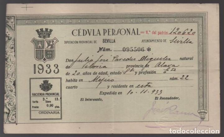 Militaria: SEVILLA, CEDULA PERSONAL,- REPUBLICA .- VER FOTO
