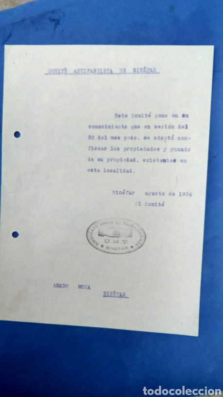 Militaria: comite antifacista de binefar, agosto 1936, guerra civil ,sindicato unico de trabajadores CNT