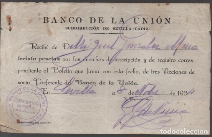 Military Antiques: SEVILLA, BANCO DE LA UNION.-INSCRIPCION DE 3 ACCIONES.- A&Ntilde;O 1934. VER FOTO