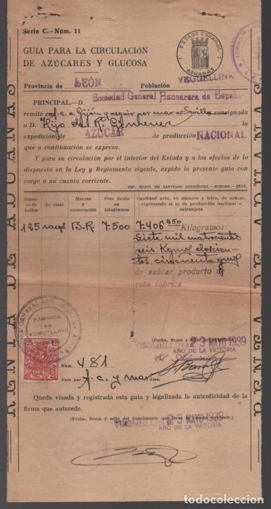 Military Antiques: GUIA CIRCULACION DE AZUCARES Y GLUCOSAS, -VEGUELLINA- A&Ntilde;O DE LA VICTORIA.- VER FOTO