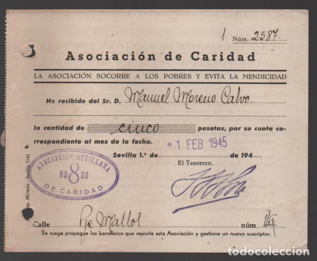 Military Antiques: SEVILLA,- RECIBO CUOTA.- LA ASOCIACION SOCORRE A LOS POBRE Y EVITA MENDICIDAD.- VER FOTO