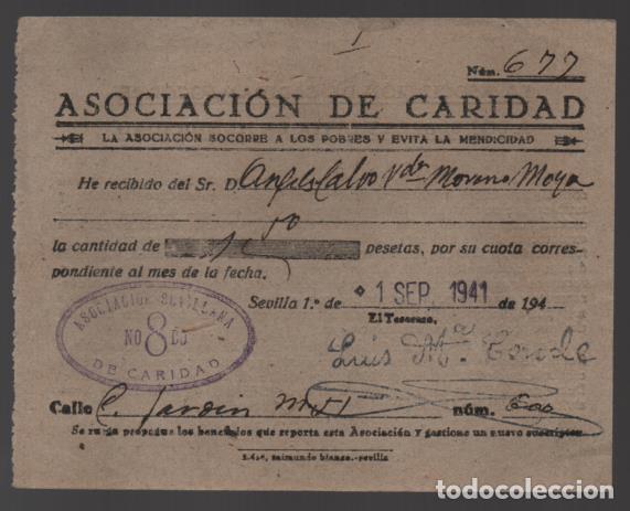 Military Antiques: SEVILLA,- RECIBO CUOTA.- LA ASOCIACION SOCORRE A LOS POBRE Y EVITA MENDICIDAD.- VER FOTO