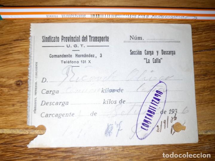 Military Antiques: Recibo colla carga y descarga de camiones Sindicato del Transporte UGT Carcagente Guerra Civil