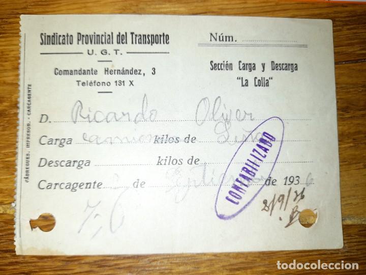 Military Antiques: Recibo colla carga y descarga de camiones Sindicato del Transporte UGT Carcagente Guerra Civil