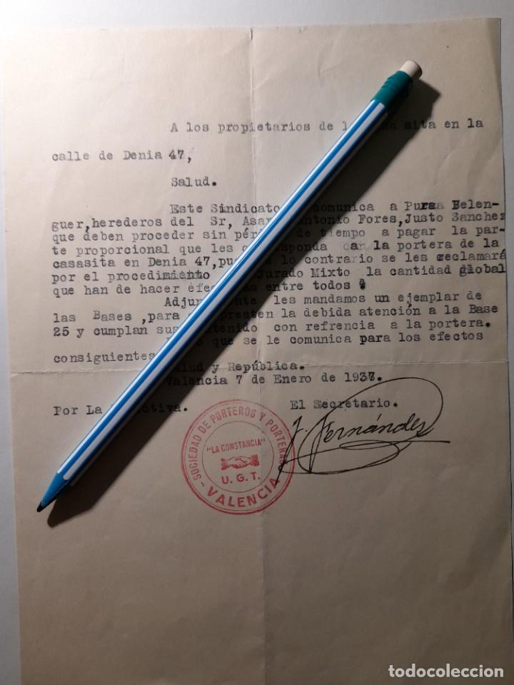 Military Antiques: Documento del Sindicato de porteros La Constancia UGT Guerra civil Valencia Reclamaci&oacute;n pagos 1937