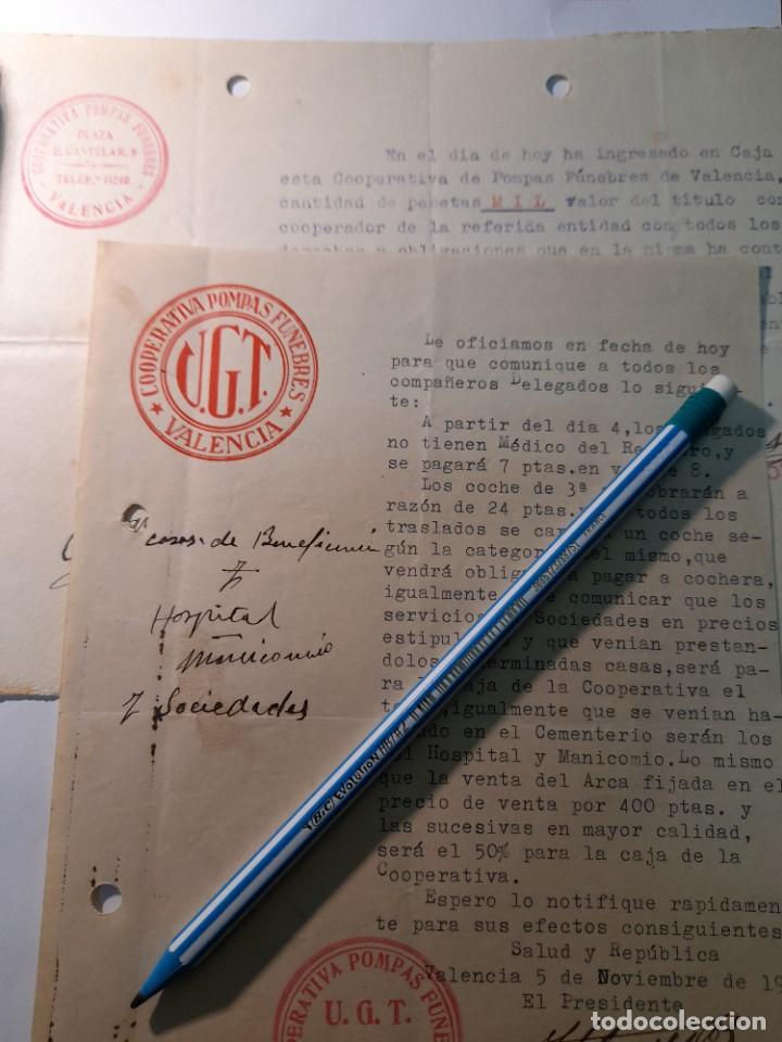 Military Antiques: Lote dos documentos Cooperativa funerarias UGT guerra civil Valencia aumento tarifas 1937