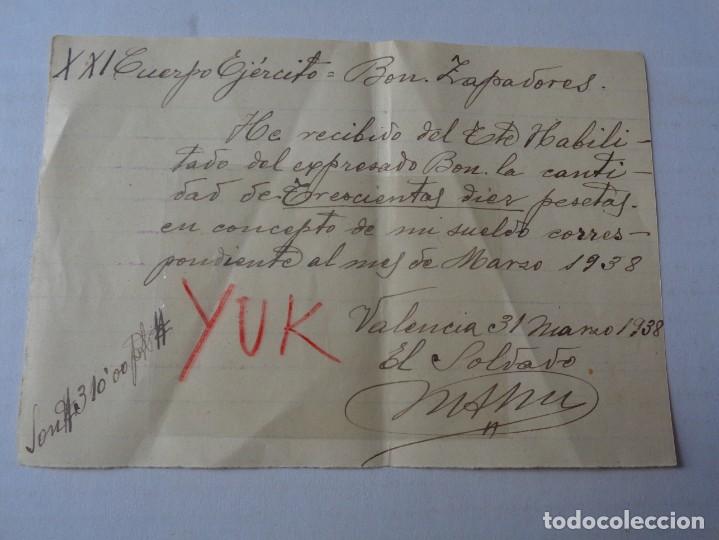 Militaria: Curioso papel de resguardo del sueldo de un soldado - Marzo 1938 - Durante la Guerra civil