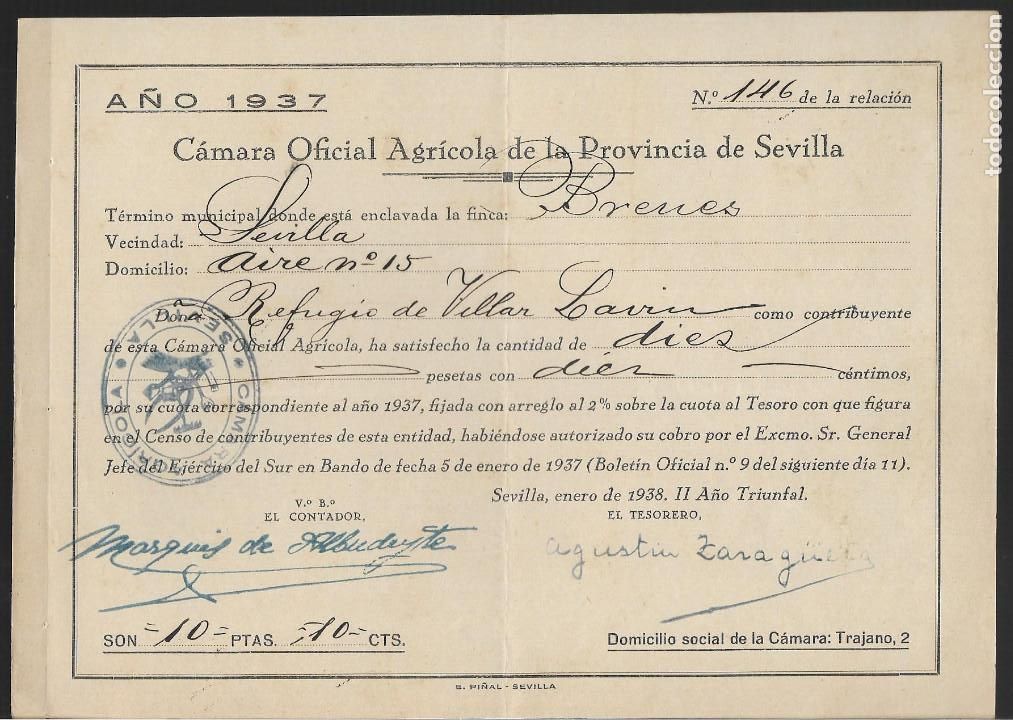 Militaria: BRENES- SEVILLA.- CAMARA OFICIAL AGRICOLA,- A&Ntilde;O 1937, VER FOTO