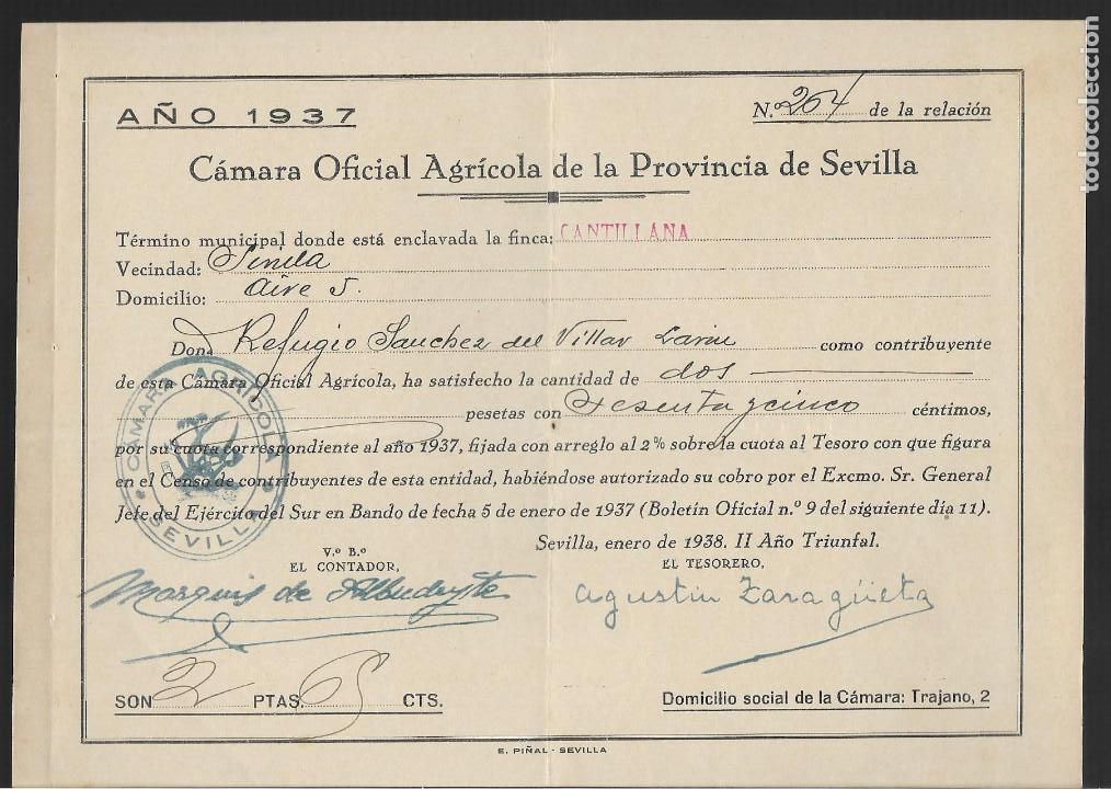 Military Antiques: CANTILLANA- SEVILLA.- CAMARA OFICIAL AGRICOLA,- A&Ntilde;O 1937, VER FOTO