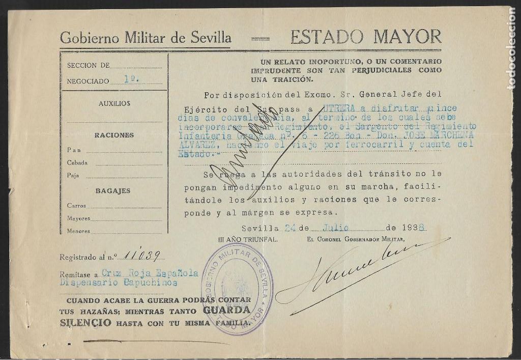Militaria: SEVILLA, PASE A UTRERA 15 DIAS CONVALECENCIA.- VER FOTO