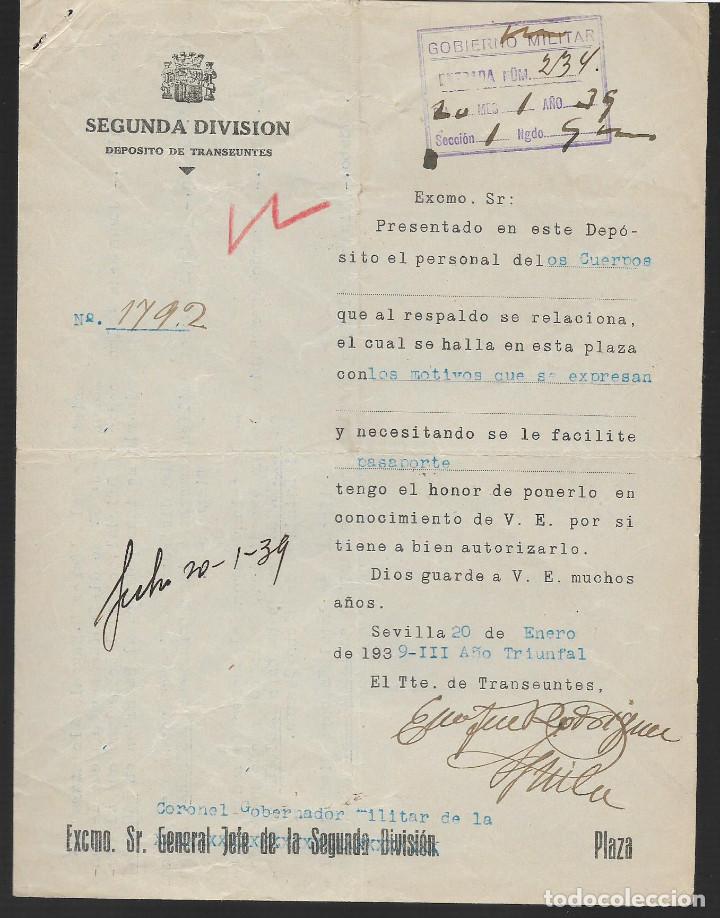 Militaria: SEVILLA.- DEPOSITO DE TRASEUNTES.- REVERSO. RELACION.- VER FOTO