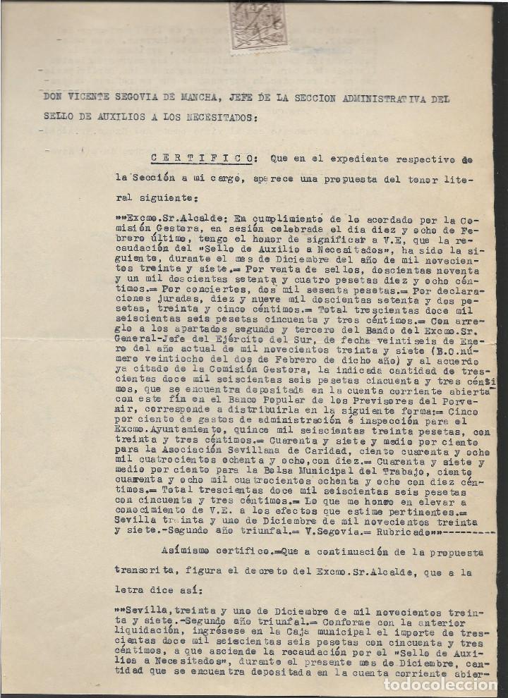 Military Antiques: SEVILLA, RECAUDACION DEL SELLO DE AUXILIO A NECESITADOS.- FIRMADO V&ordm; B&ordm; EL ALCALDE, VER FOTOS