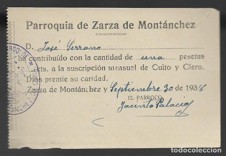 Military Antiques: ZARZA DE MONTANCHEZ, CUOTA CULTO Y CLERO, A&Ntilde;O 1938, VER FOTO
