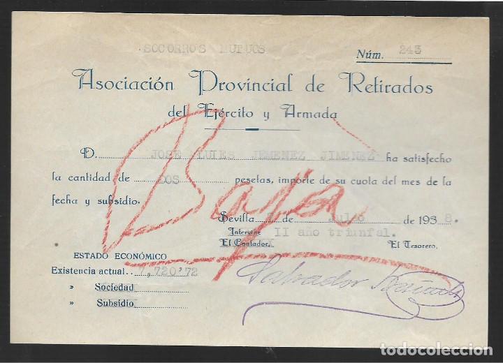 Militaria: SEVILLA, SOCORROS MUTUOS. ASC. PROV. DE RETIRADOS DEL EJERCITO Y ARMADA, A&Ntilde;O 1938, VER FOTO