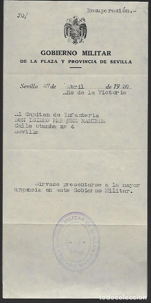 Militaria: SEVILLA, CITACION URGENTE ASISTIR GOVIERNO MILITAR, A&Ntilde;O ABRIL 1939, VER FOTO