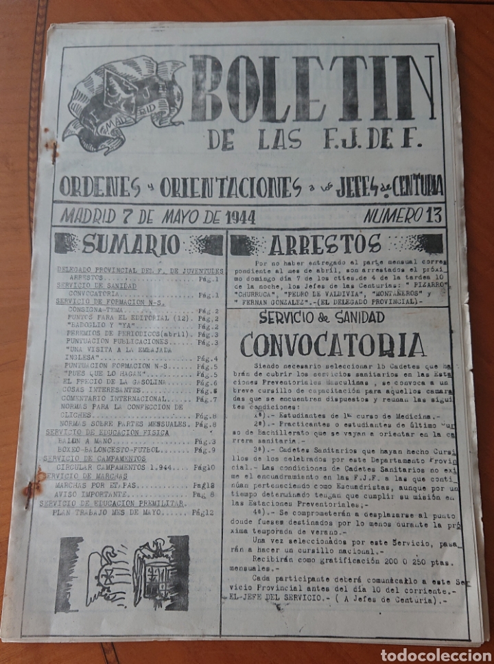 Militaria: Falange espa&ntilde;ola, frente de juventudes, 1944, guerra civil, bolet&iacute;n original, ved fotos