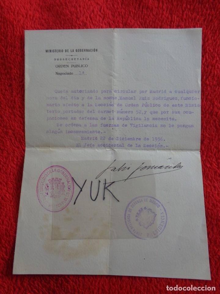 Militaria: RARO SALVOCONDUCTO PARA CIRCULAR POR MADRID DE DIA Y NOCHE - 22 -12- 1936 CON 2 CU&Ntilde;OS GUERRA CIVIL