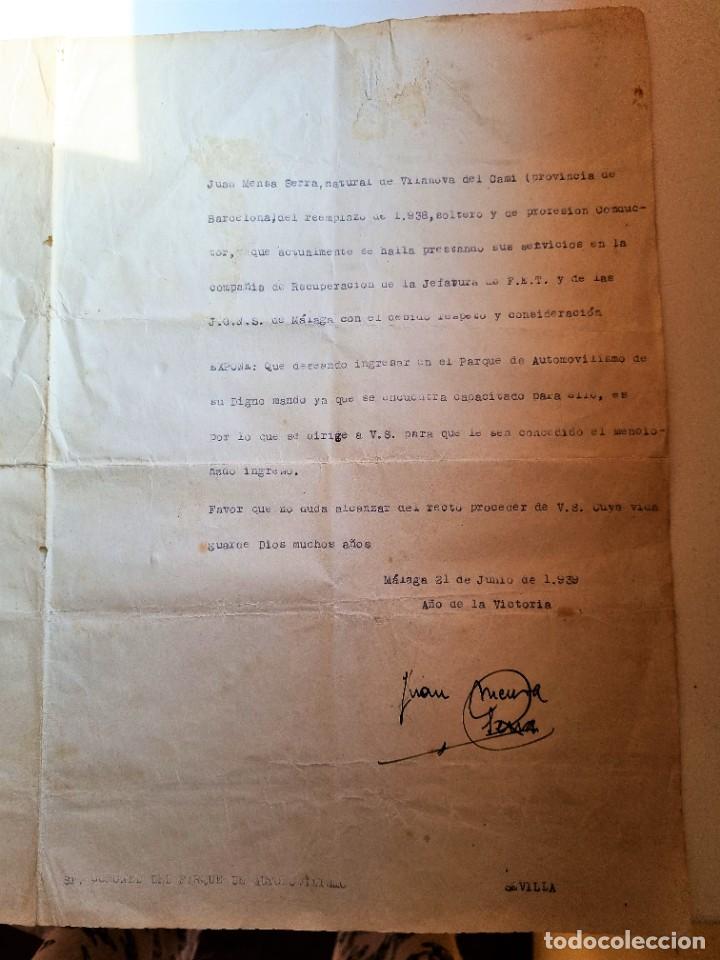 Military Antiques: PETICION DE INGRESAR PARQUE AUTOMOVILES DE LAS FET Y JONS 1939 Guerra Civil