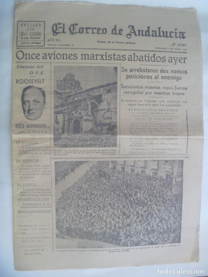 Militaria: EL CORREO DE ANDALUCIA, SEVILLA 5 ENERO1938: AVIONES ROJOS ABATIDOS, ESQUELA CAIDOS ASTURIANOS, ETC