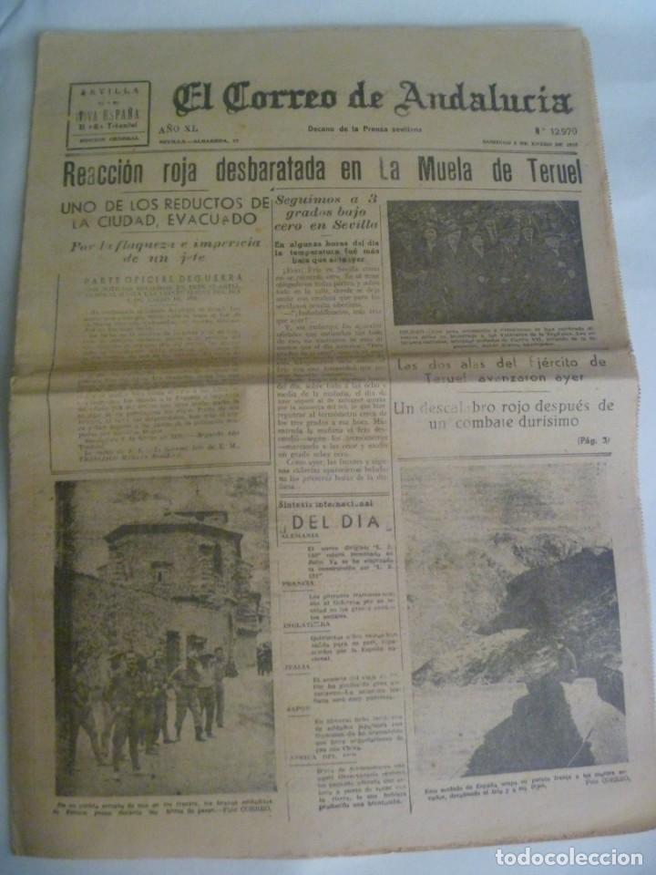 Militaria: EL CORREO DE ANDALUCIA, SEVILLA 9 ENERO 1938: TERUEL , ESQUELA CAIDO, ETC
