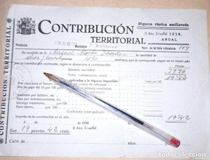 Militaria: Recibo de contribuci&oacute;n territorial 1938 guerra civil Fuentes de Rubielos Teruel